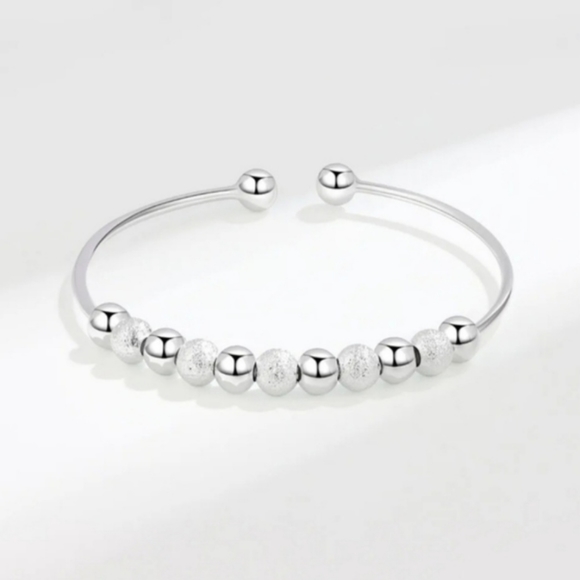 Silver Beaded Bangle Bracelet Adjustable Loose Fit Elegant Dainty Bracelets - Picture 3 of 16